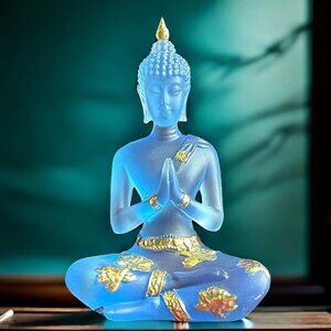 BUDDHA STATUE-Blue Clear Glaze Crystal-Resin-4.5"-Shakyamuni with Gold Highlight
